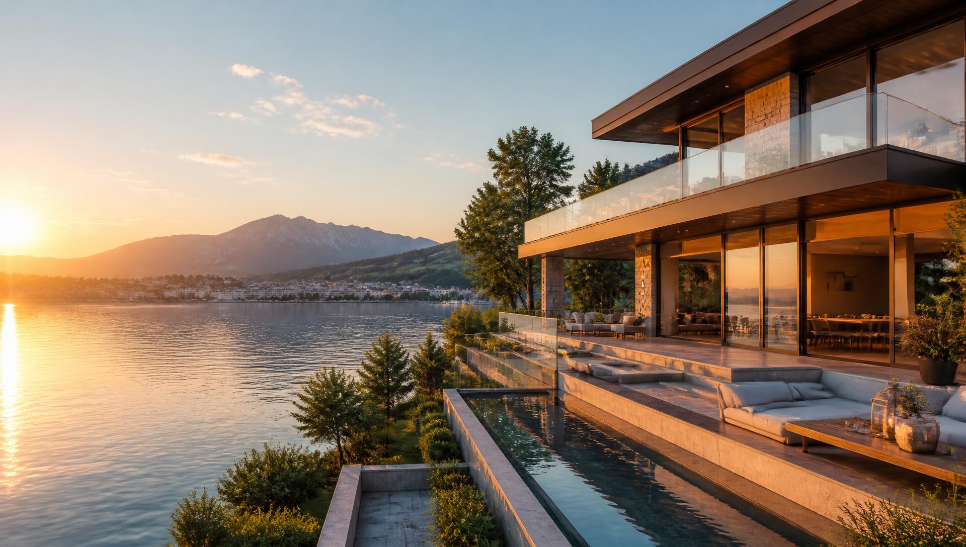 Modern lakeside property in Switzerland at sunrise